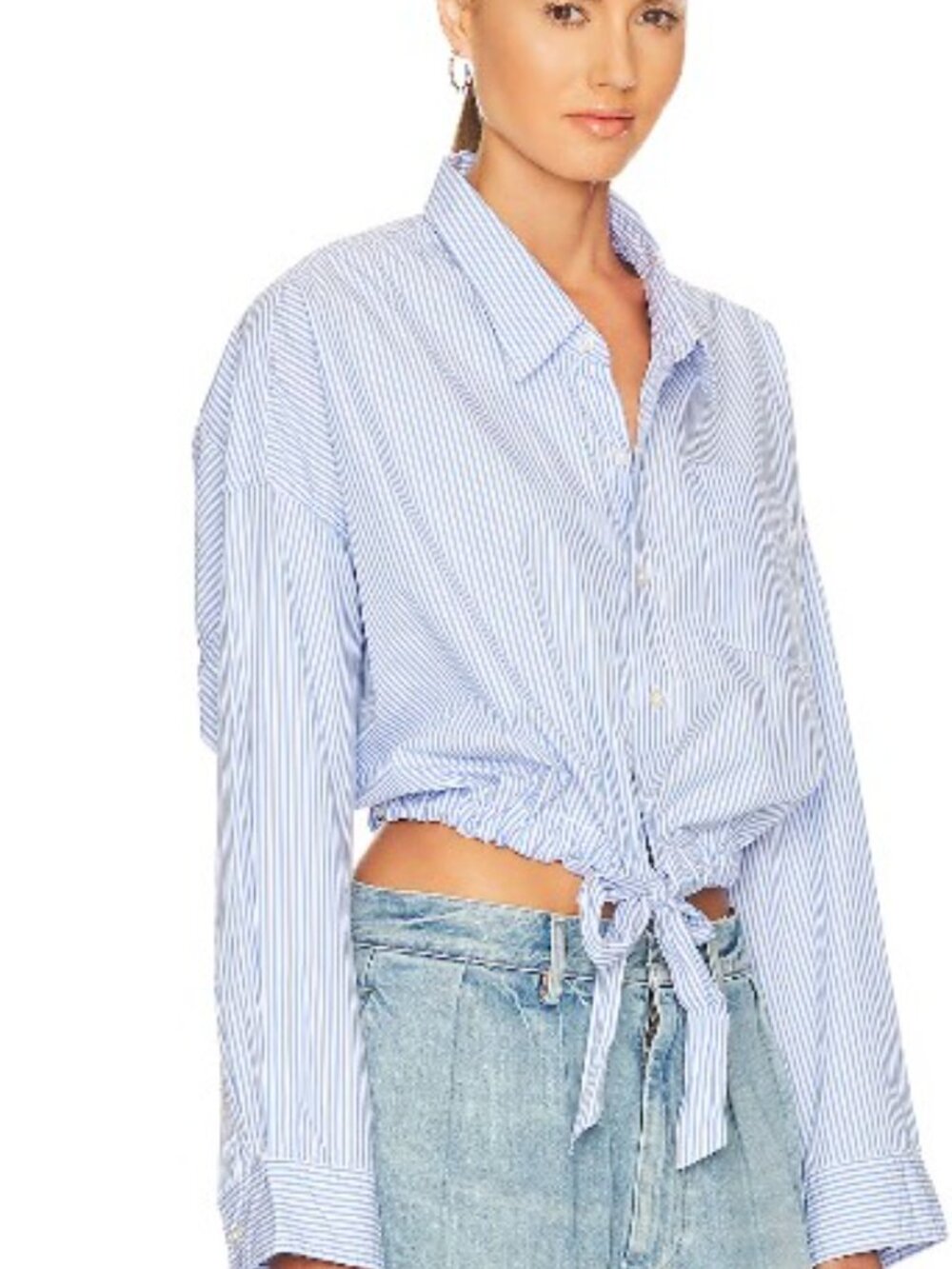 Denimist Montauk NY 100% Cotton Blue & White Stripe Tie-Front Button Down Shirt
